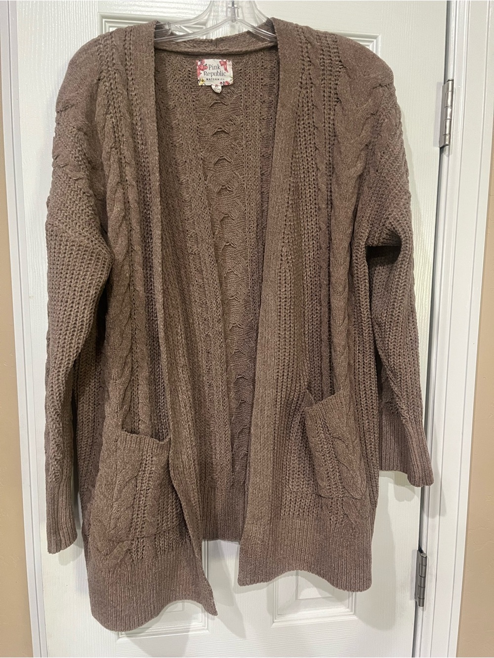 Pink Republic Women's Taupe Cable Knit Open Cardigan